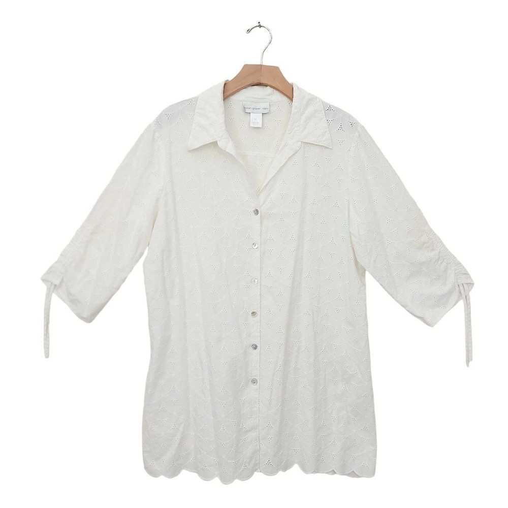 Susan Graver Tunic Shirt Womens 1X White Eyelet Embroidered 3/4 Sleeve Bohemian
